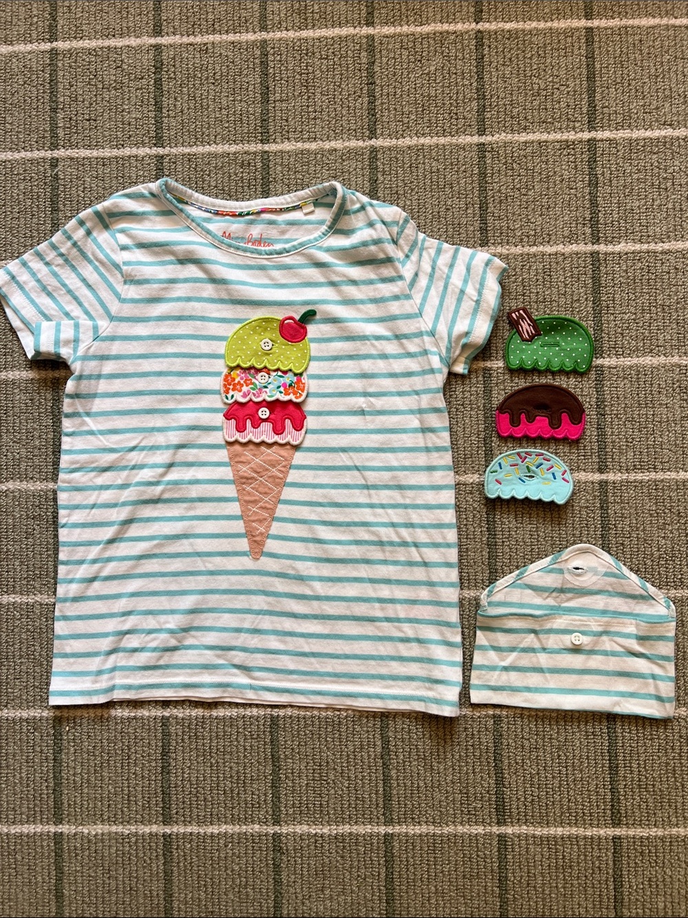 Mini Boden Teal & White Striped Ice Cream Interchangeable Applique Tee